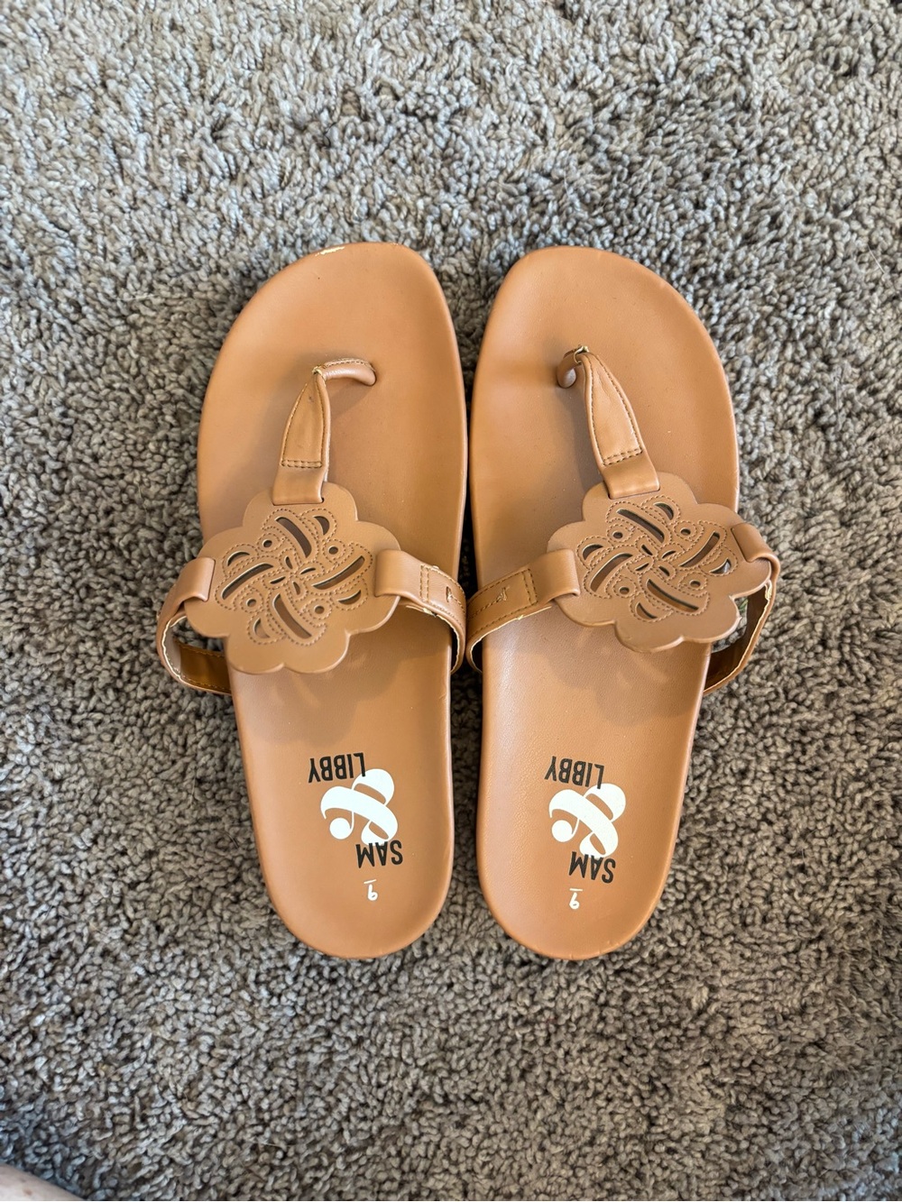 Sam & Libby Tan Floral Cutout Thong Sandals